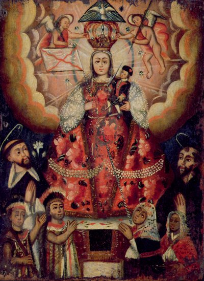 Madonna with Christ Child, St. Dominic, St. Francis and Native American Worshippers by Bolivian School